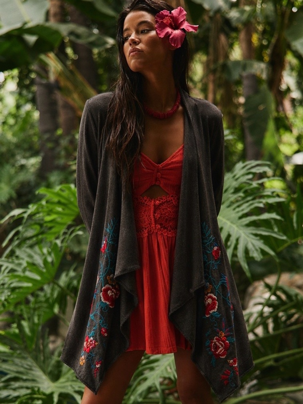 Johnny Was Charcoal Open Cardigan with Red Floral Embroidery